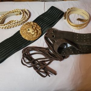 SET OF 4 BELTS: 2 GOLD, LEATHER FRINGE & LION BUCKLE- MUST SEE